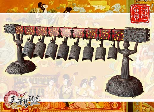 8件古編鐘，銅人銅座裝飾，可發(fā)音